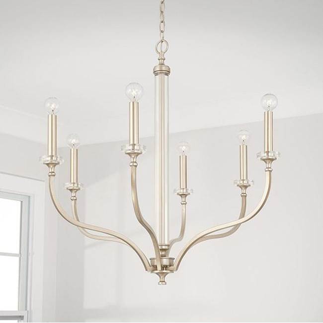 Capital Lighting 444861BS Brushed Champagne 32'' W X 30.5'' H 6-light Medium Chandelier In Brushed Champagne With Acrylic Column And Bobeches Image 2