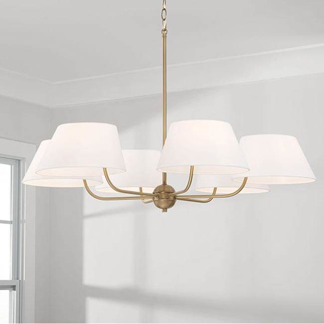 Capital Lighting 450461AD Aged Brass 36''w X 21.25''h 6-light Chandelier In Aged Brass With Offset White Fabric Shade Image 2