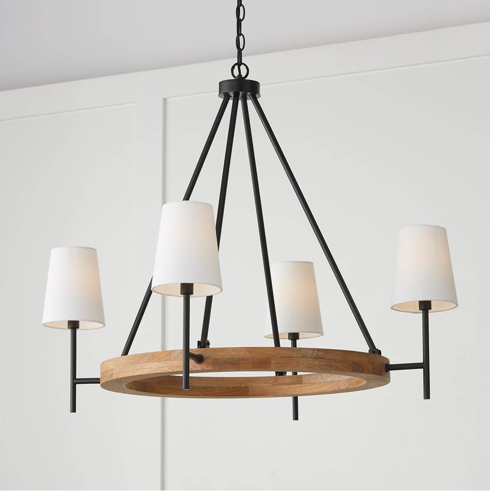Capital Lighting 450841WK-709 Light Wood,Matte Black 35''w X 29''h 4-light Chandelier In Matte Black And Mango Wood With Removable White Fabric Shades Image 4