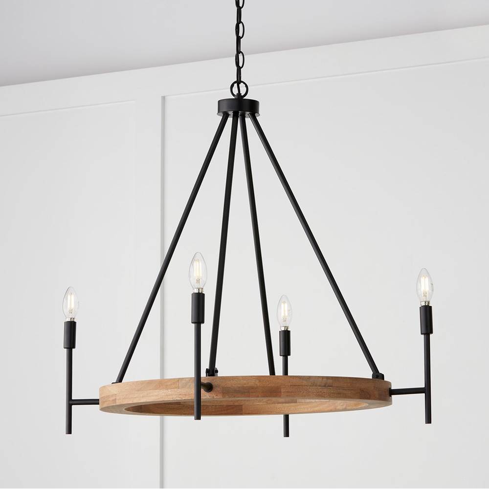 Capital Lighting Jonah 35''w X 29''h 4-light Chandelier In Matte Black And Mango Wood With Removable White Fabric Shades