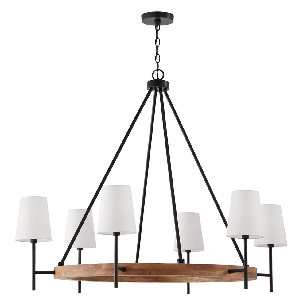 Capital Lighting 450861WK-709 Light Wood,Matte Black 42''w X 35''h 6-light Chandelier In Matte Black And Mango Wood With Removable White Fabric Shades Image 1