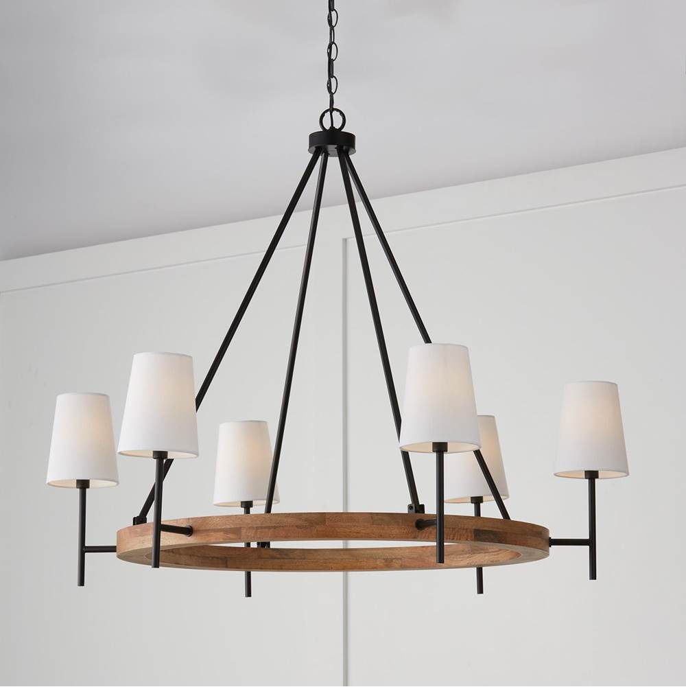 Capital Lighting 450861WK-709 Light Wood,Matte Black 42''w X 35''h 6-light Chandelier In Matte Black And Mango Wood With Removable White Fabric Shades Image 6