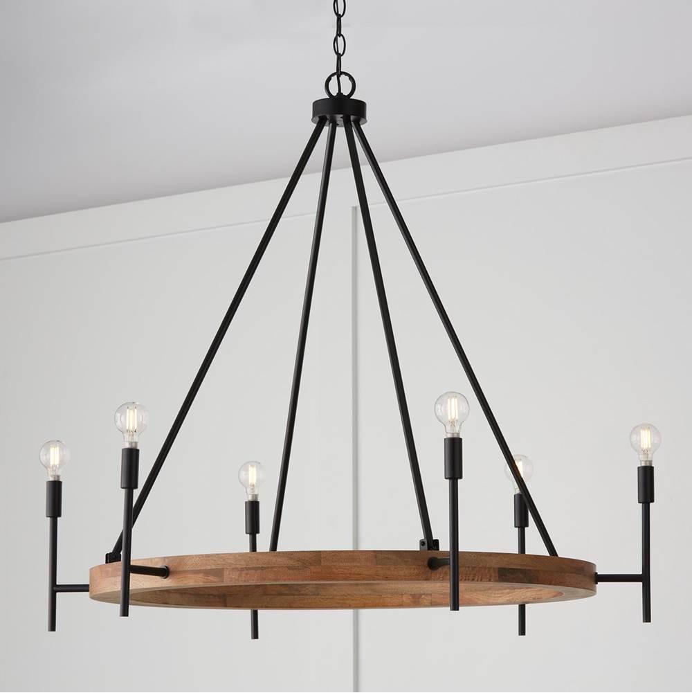 Capital Lighting 450861WK-709 Light Wood,Matte Black 42''w X 35''h 6-light Chandelier In Matte Black And Mango Wood With Removable White Fabric Shades Image 7