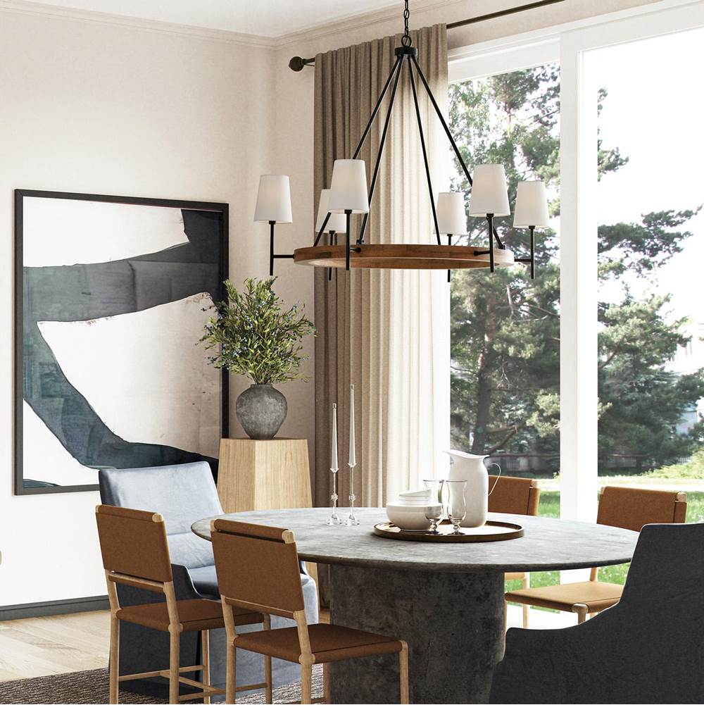 Capital Lighting Jonah 42''w X 35''h 6-light Chandelier In Matte Black And Mango Wood With Removable White Fabric Shades