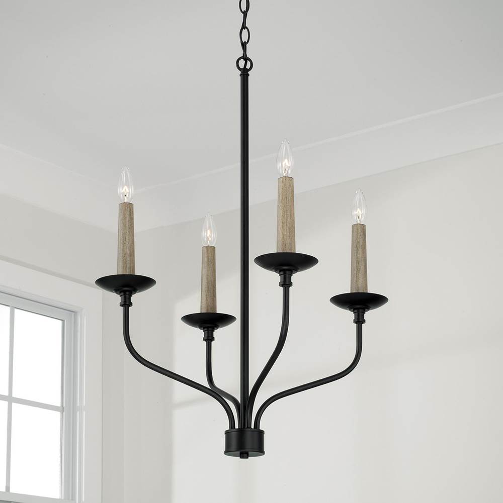 Capital Lighting 451541MB Matte Black 21.50''w X 30.50''h 4-light Chandelier In Matte Black With Interchangeable Faux Wood Or Matte Black Candle Sleeves Image 4