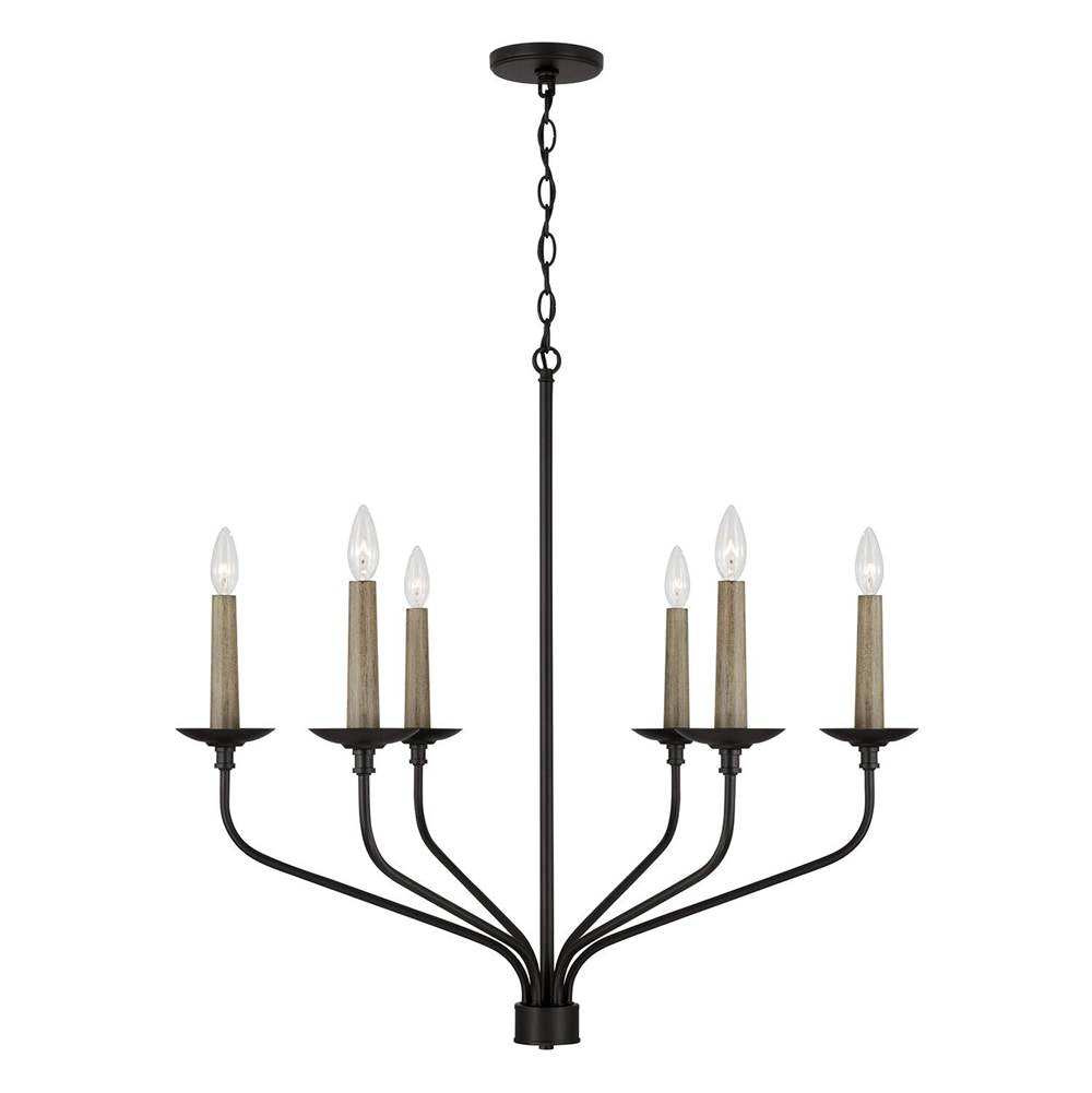 Capital Lighting 451561MB Matte Black 32''w X 30.50''h 6-light Chandelier In Matte Black With Interchangeable Faux Wood Or Matte Black Candle Sleeves Image 1