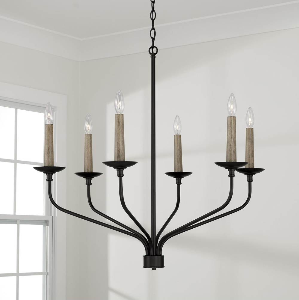 Capital Lighting 451561MB Matte Black 32''w X 30.50''h 6-light Chandelier In Matte Black With Interchangeable Faux Wood Or Matte Black Candle Sleeves Image 7