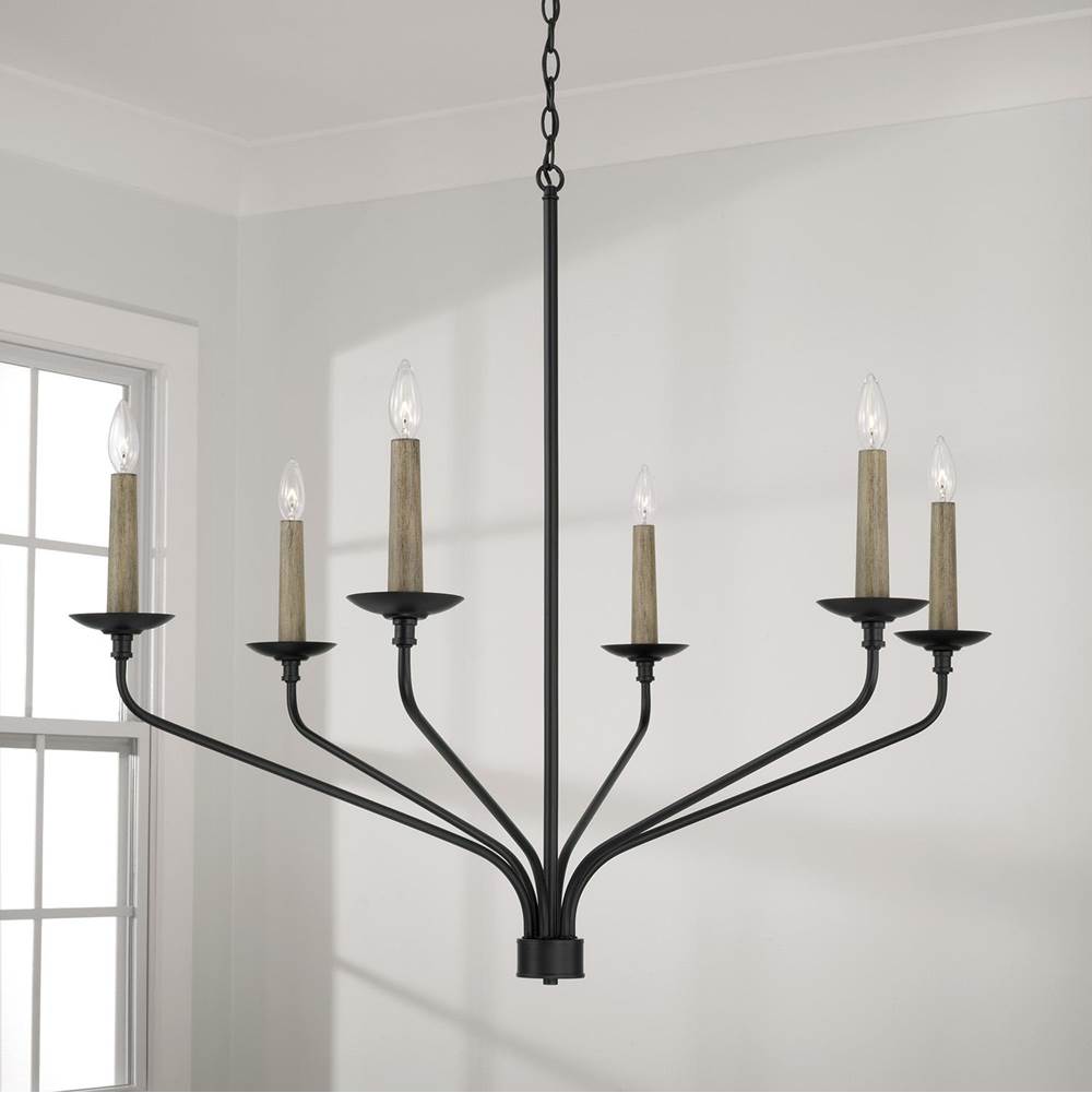 Capital Lighting 451562MB Matte Black 41''w X 35''h 6-light Chandelier In Matte Black With Interchangeable Faux Wood Or Matte Black Candle Sleeves Image 4