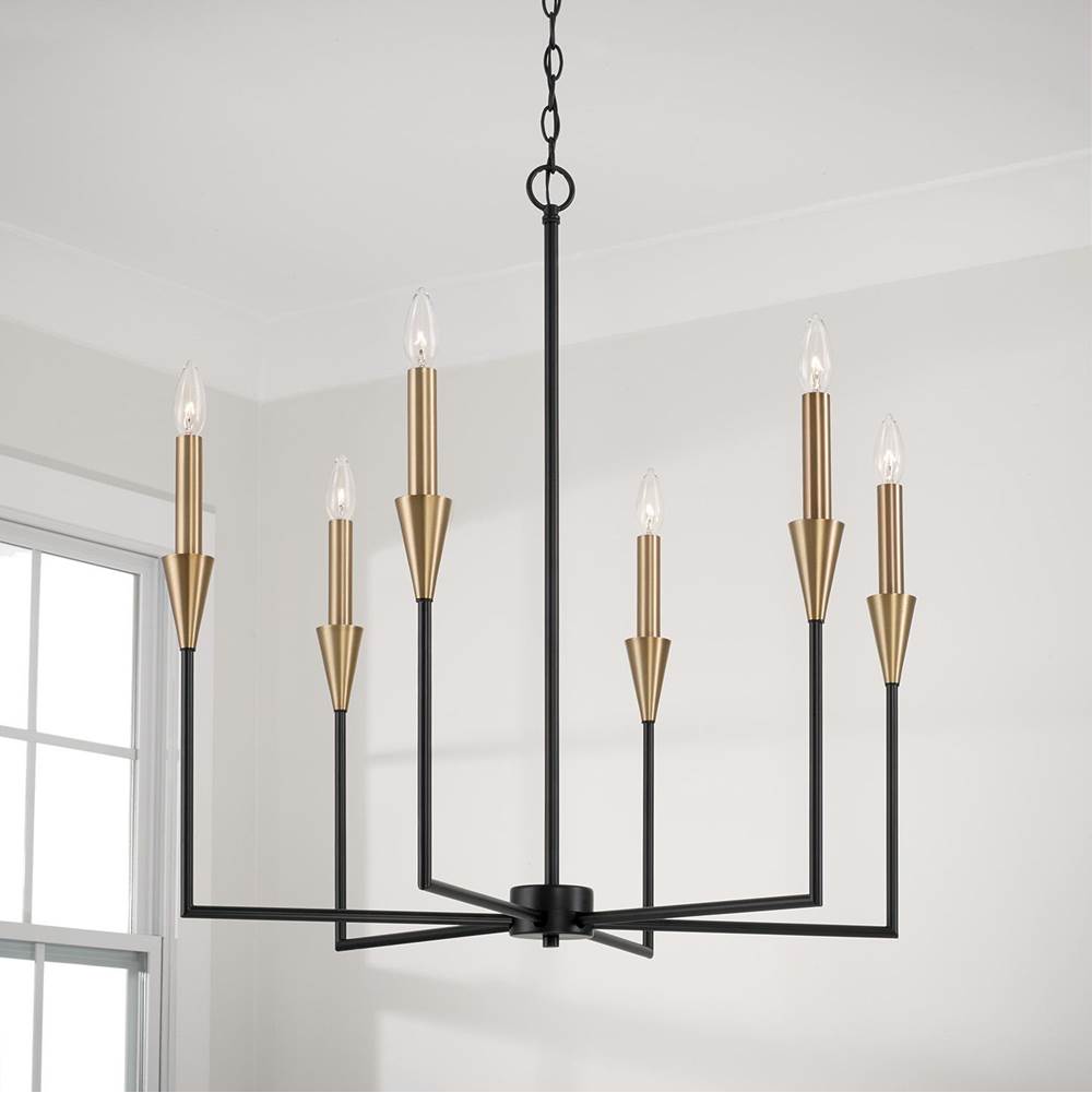 Capital Lighting Avant 29''w X 30.50''h 6-light Chandelier In Black And Aged Brass With Interchangeable White Or Aged Brass Candle Sleeves