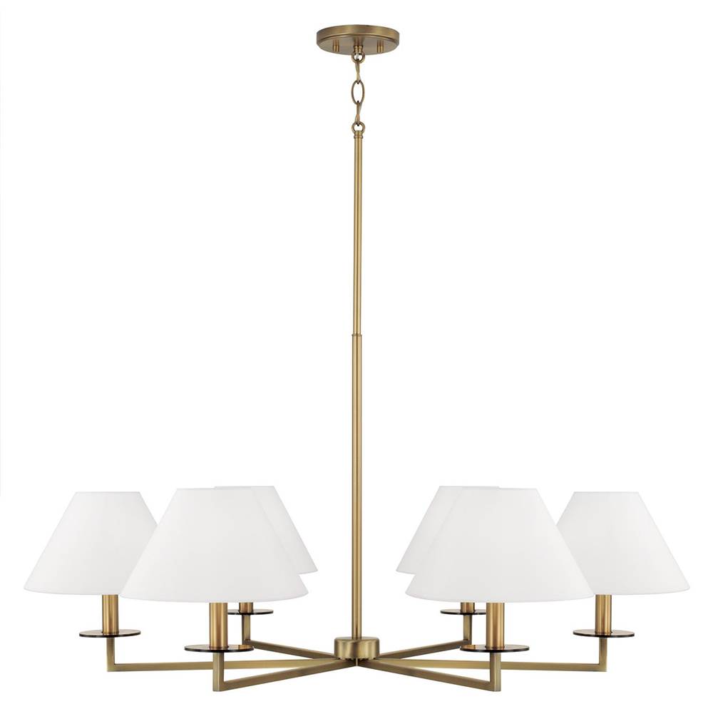 Capital Lighting 452261AD Aged Brass 39.75''w X 19.75''h 6-light Chandelier In Aged Brass With White Fabric Stay-straight Shades And Interchangeable Clear Or Tortoise Shell Bobeches Image 1