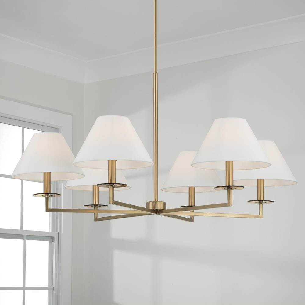 Capital Lighting Gilda 39.75''w X 19.75''h 6-light Chandelier In Aged Brass With White Fabric Stay-straight Shades And Interchangeable Clear Or Tortoise Shell Bobeches