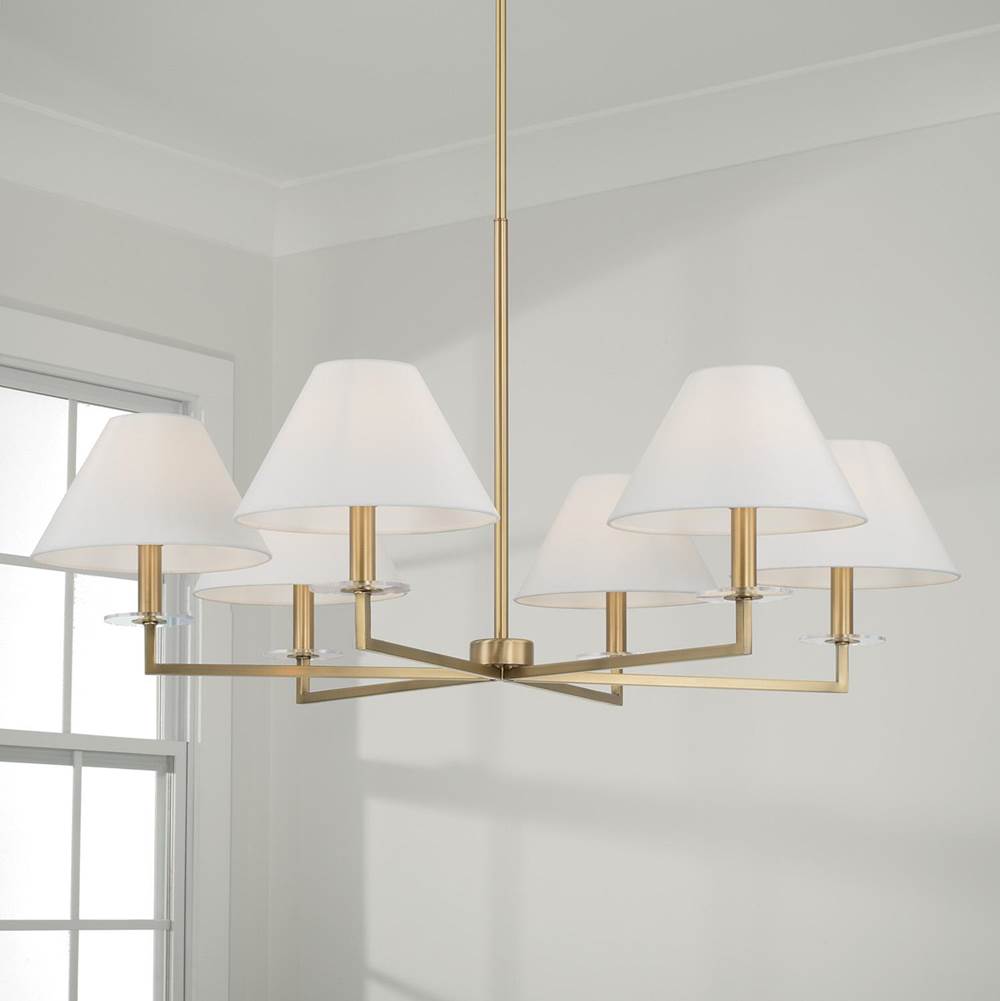 Capital Lighting 452261AD Aged Brass 39.75''w X 19.75''h 6-light Chandelier In Aged Brass With White Fabric Stay-straight Shades And Interchangeable Clear Or Tortoise Shell Bobeches Image 3