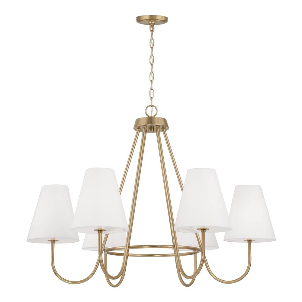 Capital Lighting 452761MA Matte Brass 36''w X 26.25''h 6-light Chandelier In Matte Brass With Tapered White Fabric Shades And Glass Diffusers Image 1