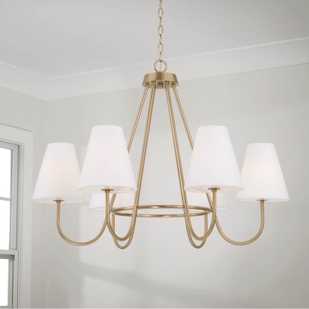 Capital Lighting 452761MA Matte Brass 36''w X 26.25''h 6-light Chandelier In Matte Brass With Tapered White Fabric Shades And Glass Diffusers Image 5