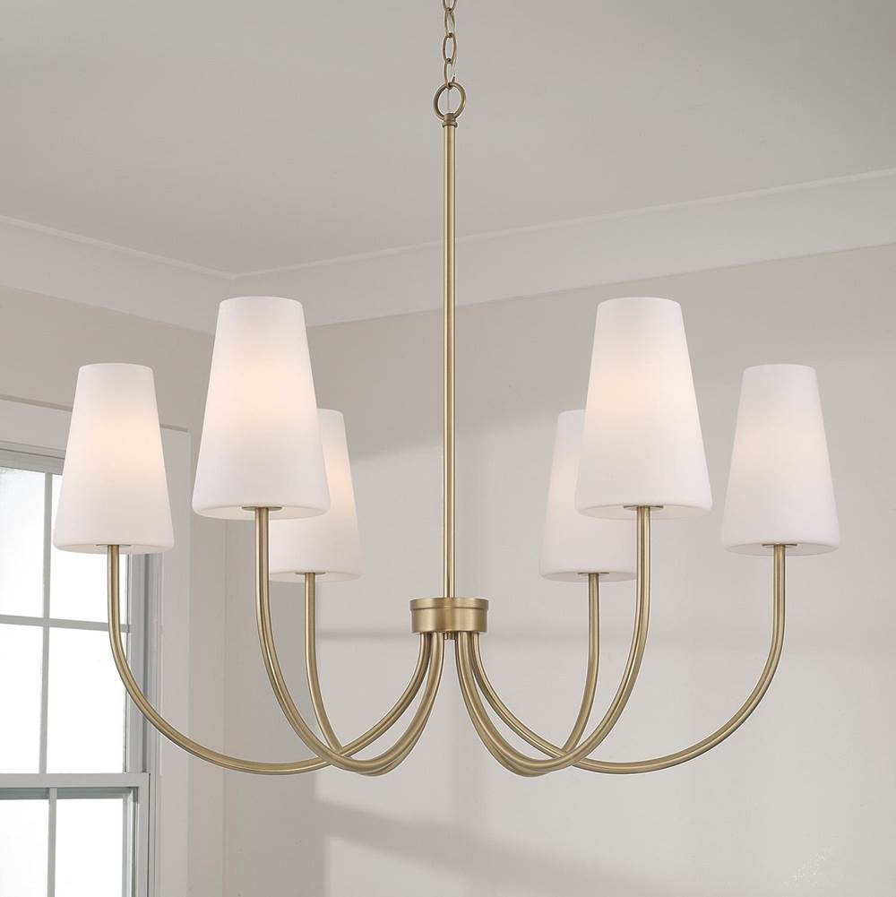 Capital Lighting Averitt 37.25'' W X 26.5'' H 6-light Transitional Chandelier In Aged Brass With Tapered Soft White Glass
