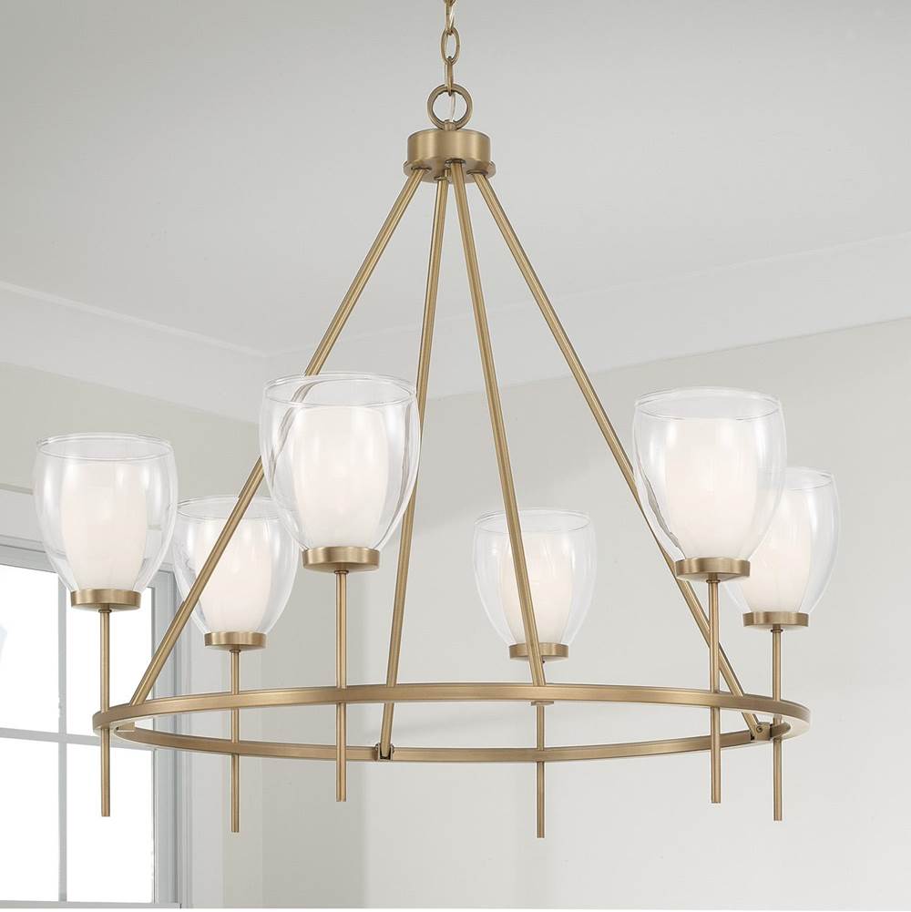 Capital Lighting Joss 35'' W X 31'' H 6-light Ring Chandelier In Aged Brass With Layered White And Clear Glass