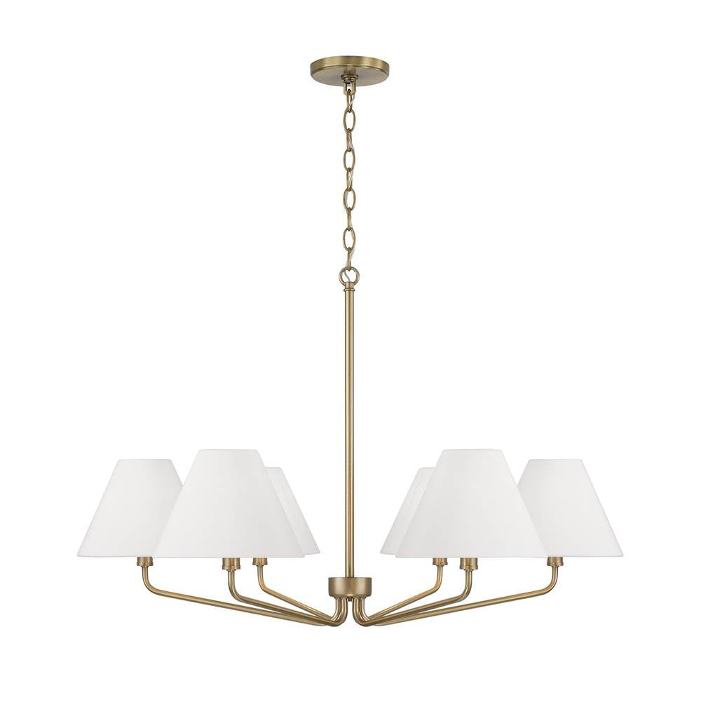 Capital Lighting 456661AD-714 Aged Brass 34'' W X 22.5'' H 6-light Angular Chandelier In Aged Brass With Tapered White Fabric Shades Image 1
