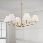 Capital Lighting Chadwick 34'' W X 22.5'' H 6-light Angular Chandelier In Aged Brass With Tapered White Fabric Shades