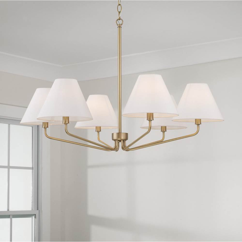 Capital Lighting Chadwick 34'' W X 22.5'' H 6-light Angular Chandelier In Aged Brass With Tapered White Fabric Shades