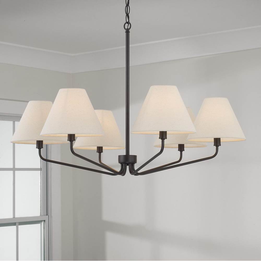 Capital Lighting Chadwick 35'' W X 22.5'' H 6-light Angular Chandelier In Espresso With Tapered Soft Tan Fabric Shades
