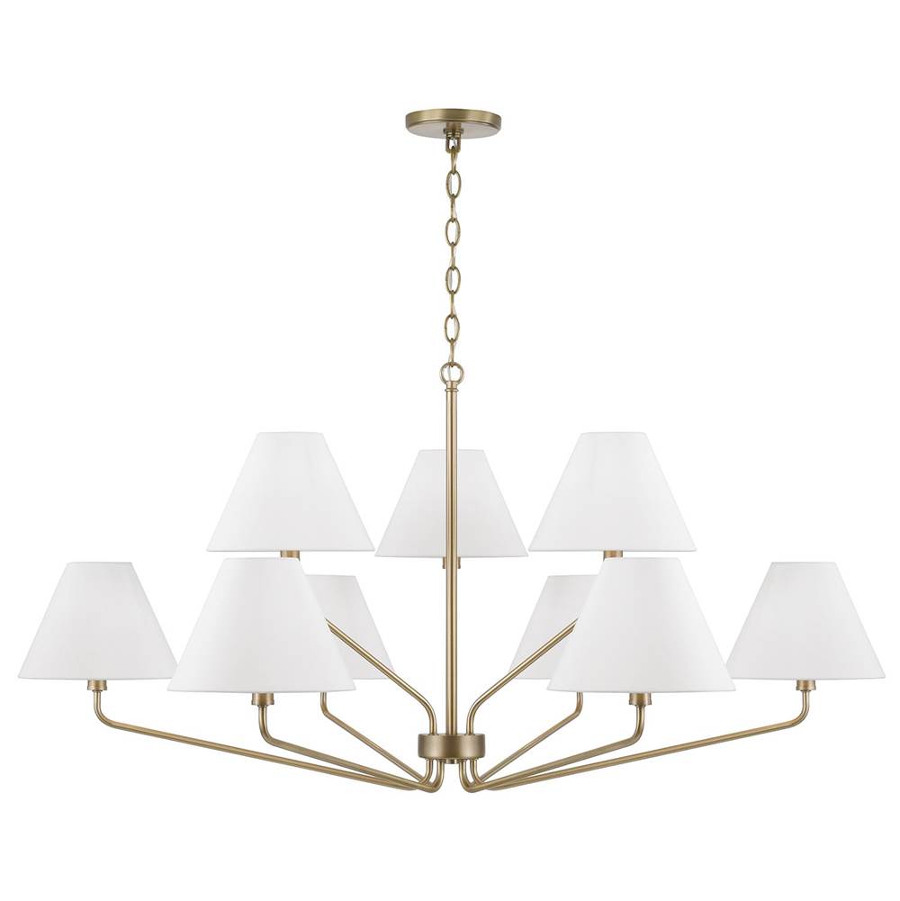 Capital Lighting 456691AD-714 Aged Brass 45'' W X 22.5'' H 9-light Angular Two-tier Chandelier In Aged Brass With Tapered White Fabric Shades Image 1