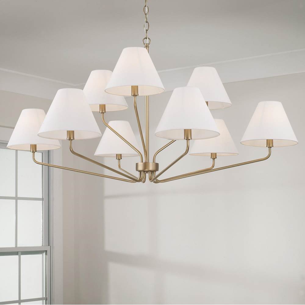 Capital Lighting Chadwick 45'' W X 22.5'' H 9-light Angular Two-tier Chandelier In Aged Brass With Tapered White Fabric Shades