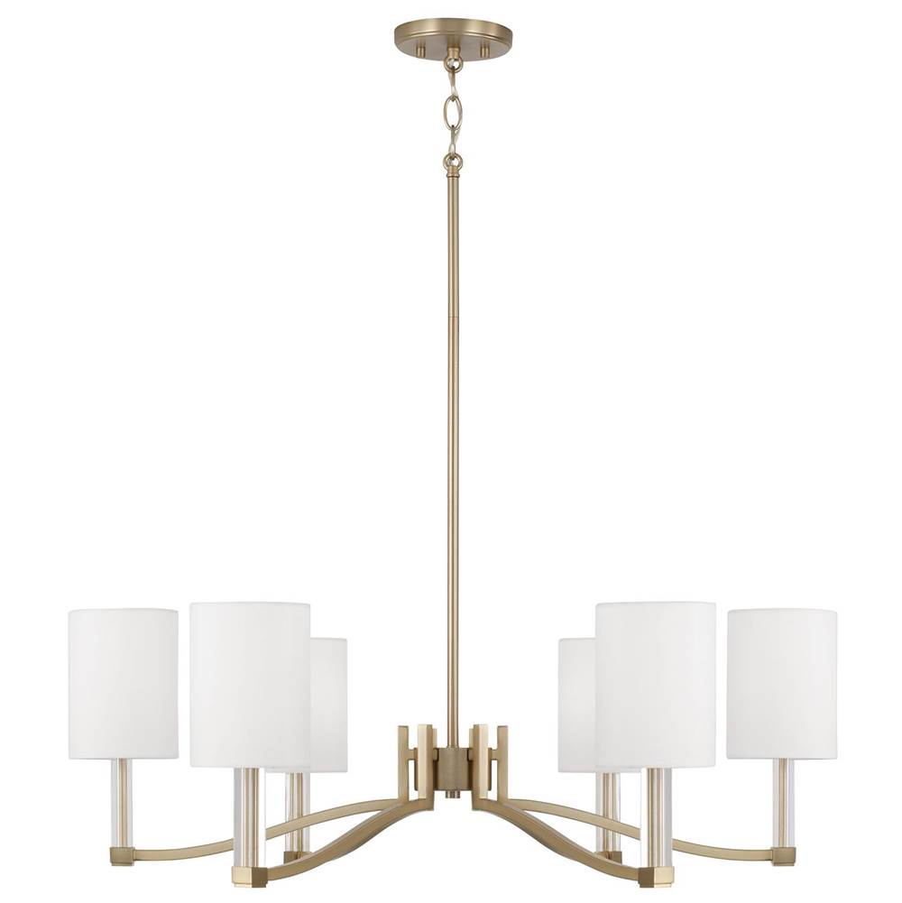 Capital Lighting 457061MA-715 Matte Brass 40'' W X 18.5'' H 6-light Chandelier In Matte Brass With Clear Acrylic Accents And Cylindrical White Fabric Shades Image 1