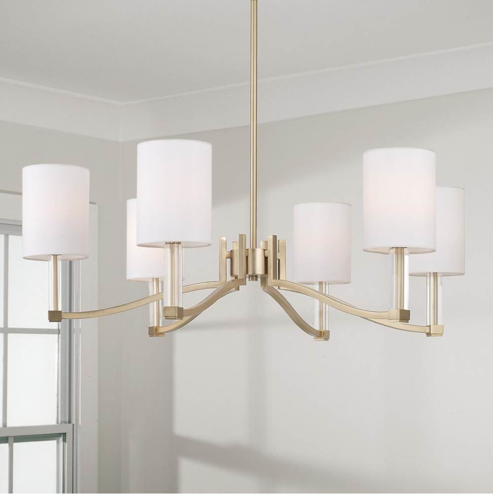 Capital Lighting Ingrid 40'' W X 18.5'' H 6-light Chandelier In Matte Brass With Clear Acrylic Accents And Cylindrical White Fabric Shades