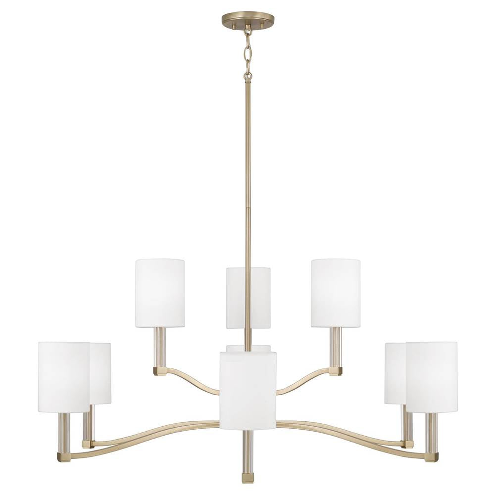 Capital Lighting 457091MA-715 Matte Brass 32'' W X 9.25'' H 9-light Two-tier Chandelier In Matte Brass With Clear Acrylic Accents And Cylindrical White Fabric Shades Image 1
