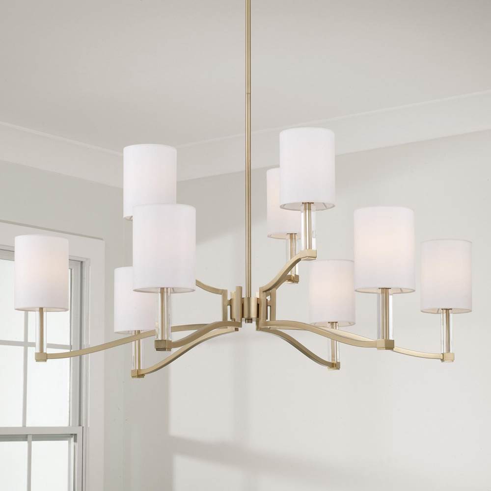Capital Lighting Ingrid 32'' W X 9.25'' H 9-light Two-tier Chandelier In Matte Brass With Clear Acrylic Accents And Cylindrical White Fabric Shades
