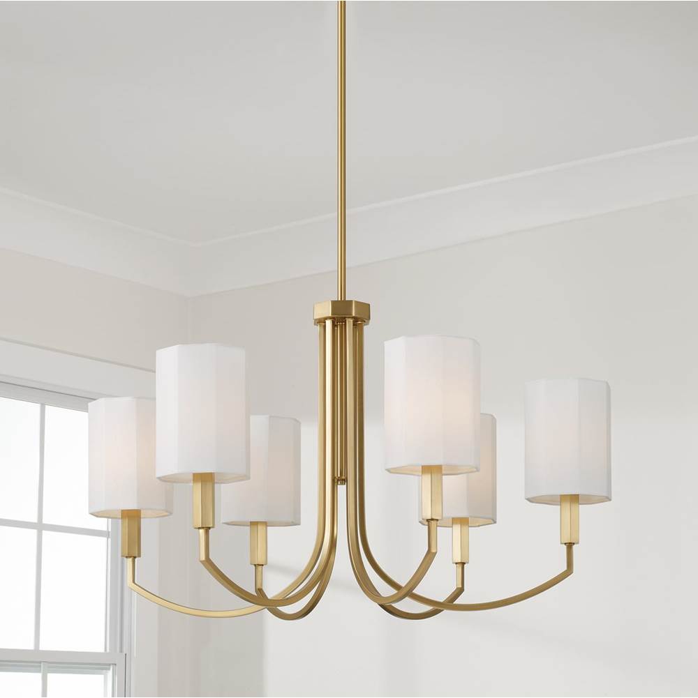 Capital Lighting Adrian 30'' W X 17.5'' H 6-light Chandelier In Aged Brass With Octagonal White Fabric Shades