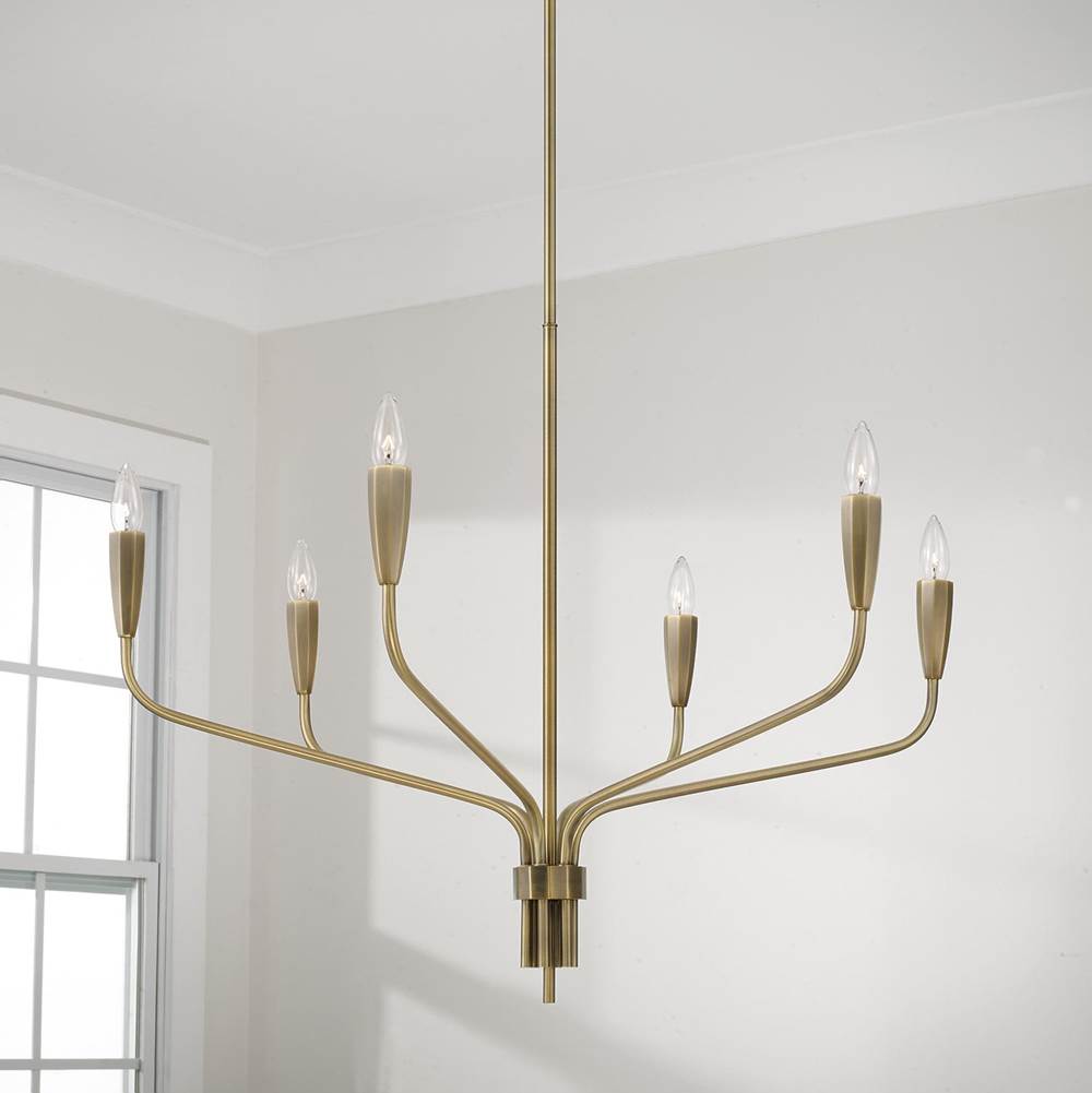 Capital Lighting Palmer 34.5'' W X 25.25'' H 6-light Chandelier In Antiqued Brass With Botanical Arm Silhouette And Faceted Candlesleeves
