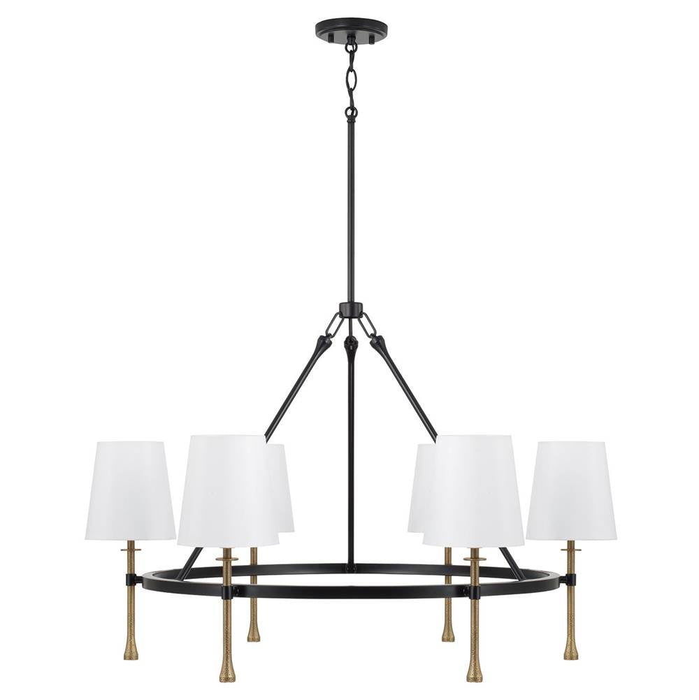 Capital Lighting 460761MBG-717 Matte Black,Hammered Gold 35'' W X 23.5'' H 6-light Ring Chandelier In Matte Black With Textured Hammered Gold Tails And White Fabric Shades Image 1