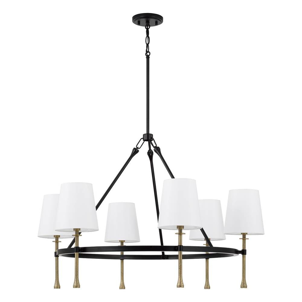 Capital Lighting 460761MBG-717 Matte Black,Hammered Gold 35'' W X 23.5'' H 6-light Ring Chandelier In Matte Black With Textured Hammered Gold Tails And White Fabric Shades Image 3
