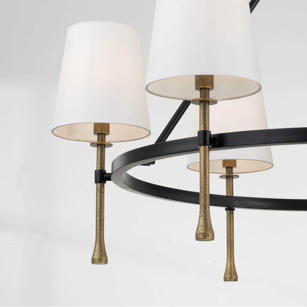 Capital Lighting 460761MBG-717 Matte Black,Hammered Gold 35'' W X 23.5'' H 6-light Ring Chandelier In Matte Black With Textured Hammered Gold Tails And White Fabric Shades Image 4