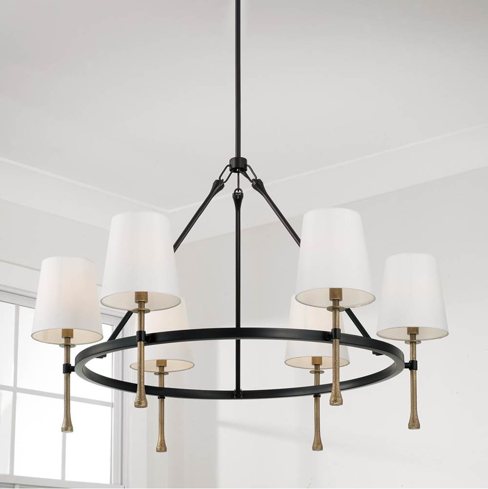 Capital Lighting Hollis 35'' W X 23.5'' H 6-light Ring Chandelier In Matte Black With Textured Hammered Gold Tails And White Fabric Shades