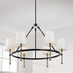 Capital Lighting Hollis 35'' W X 23.5'' H 6-light Ring Chandelier In Matte Black With Textured Hammered Gold Tails And White Fabric Shades