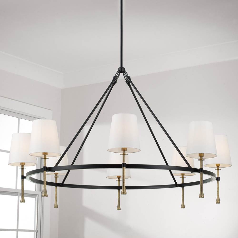 Capital Lighting Hollis 48'' W X 29.5'' H 8-light Ring Chandelier In Matte Black With Textured Hammered Gold Tails And White Fabric Shades