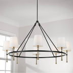 Capital Lighting Hollis 48'' W X 29.5'' H 8-light Ring Chandelier In Matte Black With Textured Hammered Gold Tails And White Fabric Shades