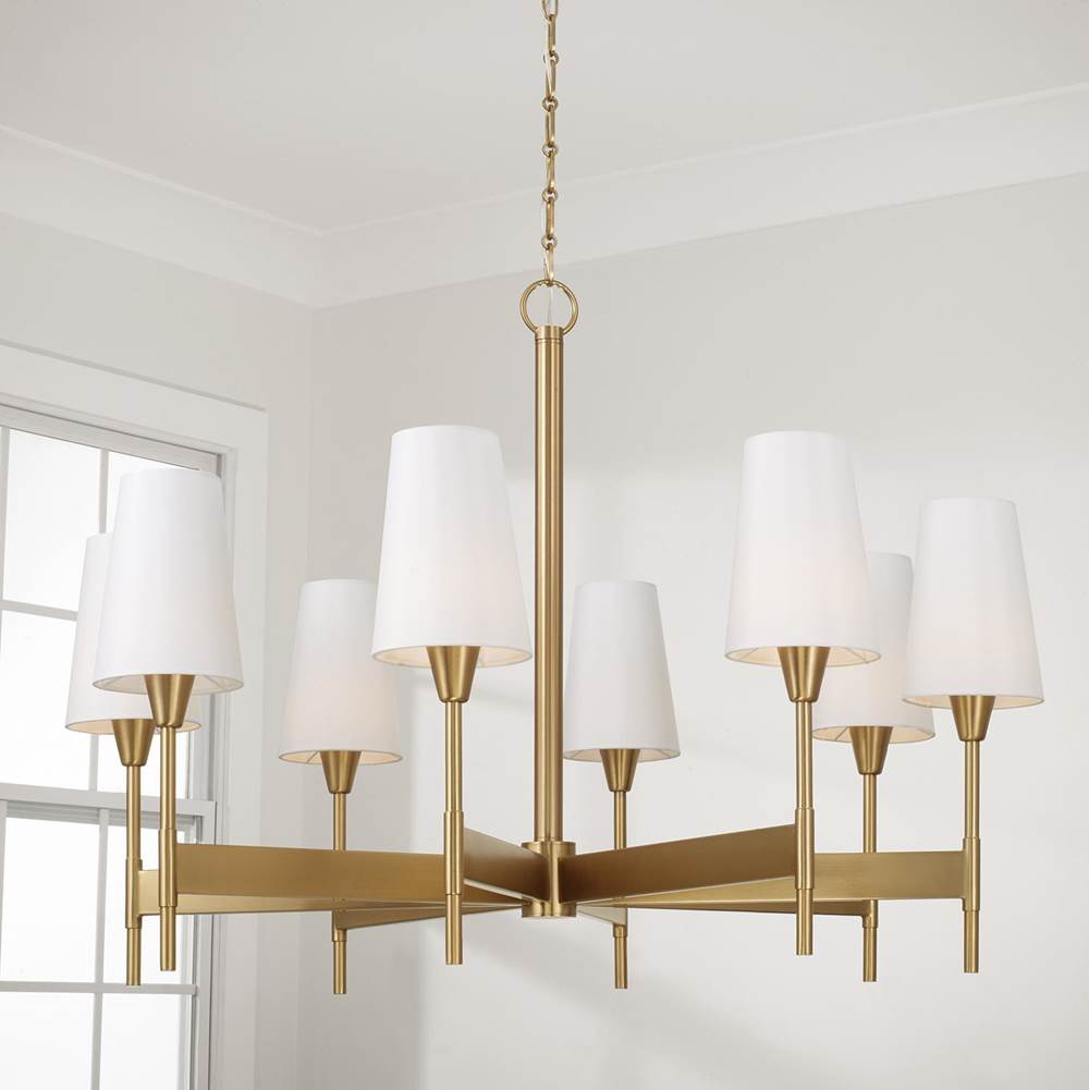 Capital Lighting Leland 42'' W X 21'' H 8-light Chandelier In Aged Brass With White Fabric Shades And Designer Canopy