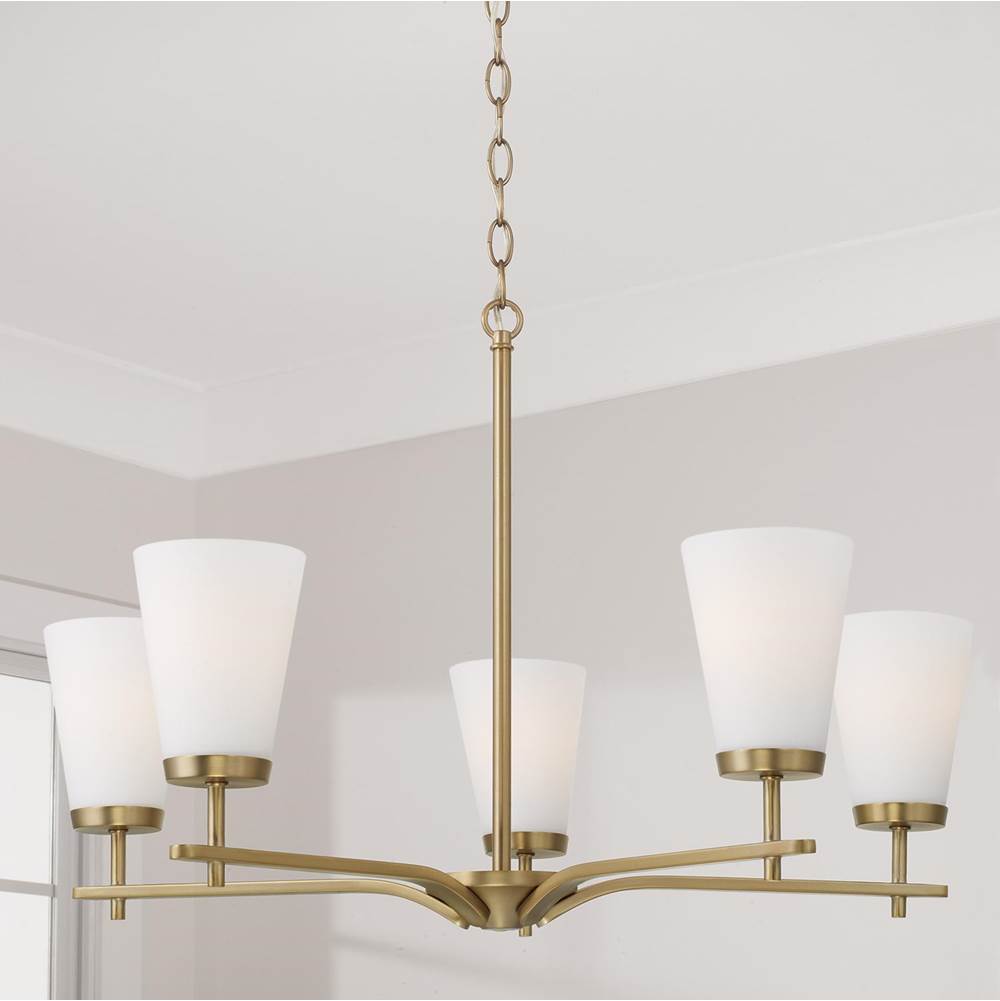 Capital Lighting Drake 28'' W X 18.5'' H 5-light Chandelier In Aged Brass With Tapered Soft White Glass