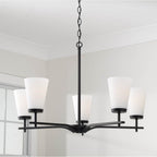 Capital Lighting Drake 28'' W X 18.5'' H 5-light Chandelier In Aged Brass With Tapered Soft White Glass
