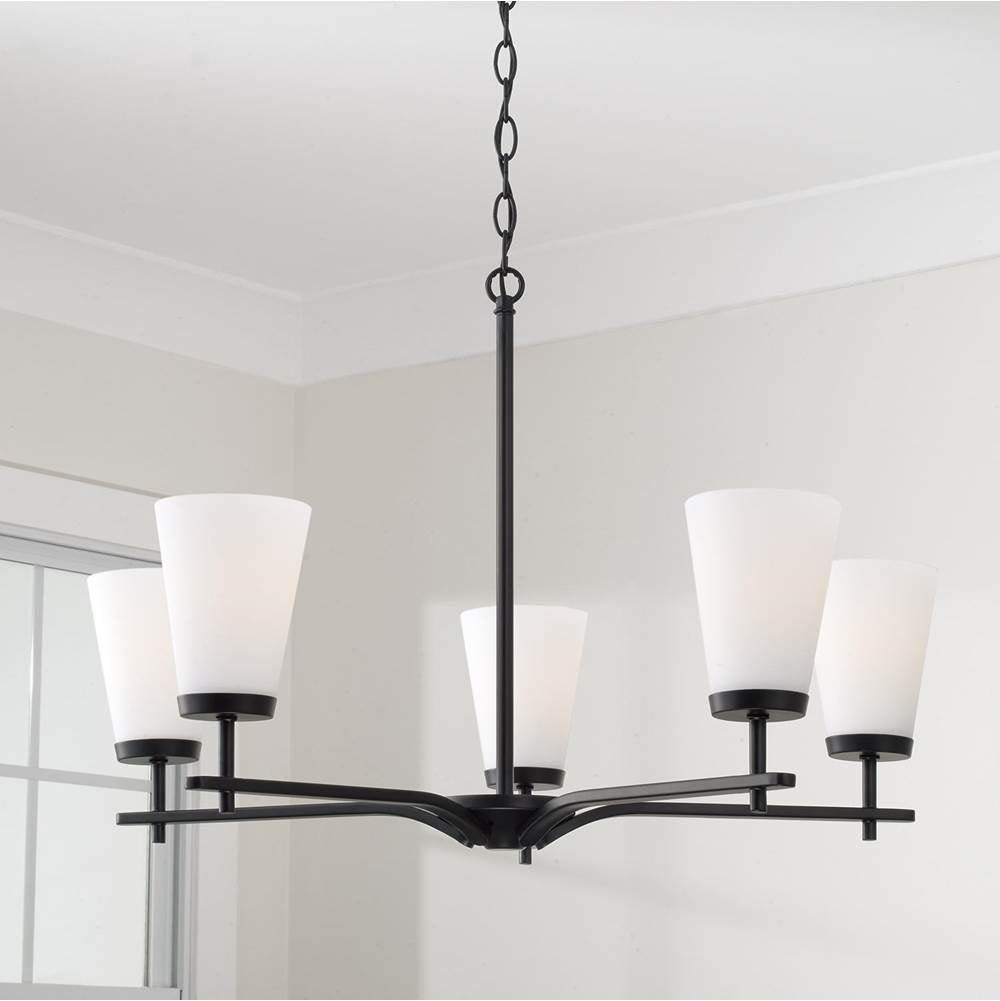 Capital Lighting Drake 28'' W X 18.5'' H 5-light Chandelier In Aged Brass With Tapered Soft White Glass
