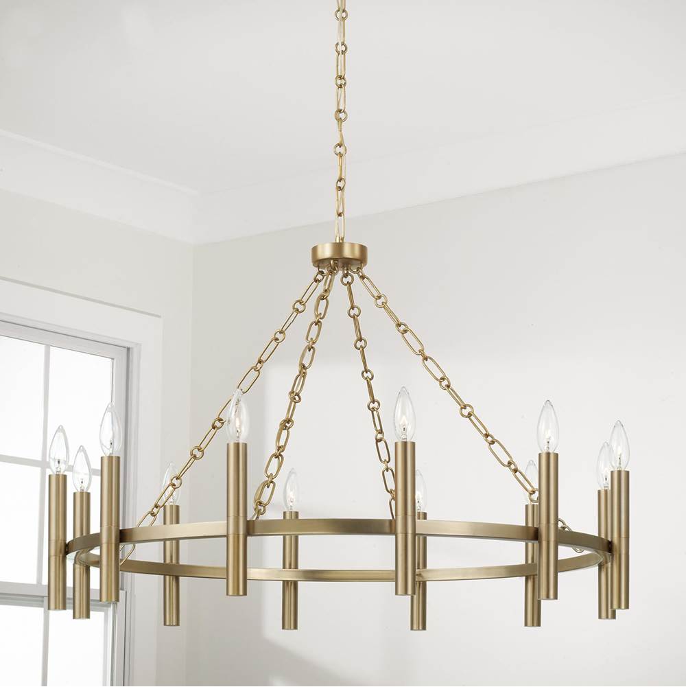 Capital Lighting Winton 35'' W X 24'' H 10-light Ring Chandelier In Matte Brass With Cylindrical Candlesticks And Specialty Decorative Designer Chain