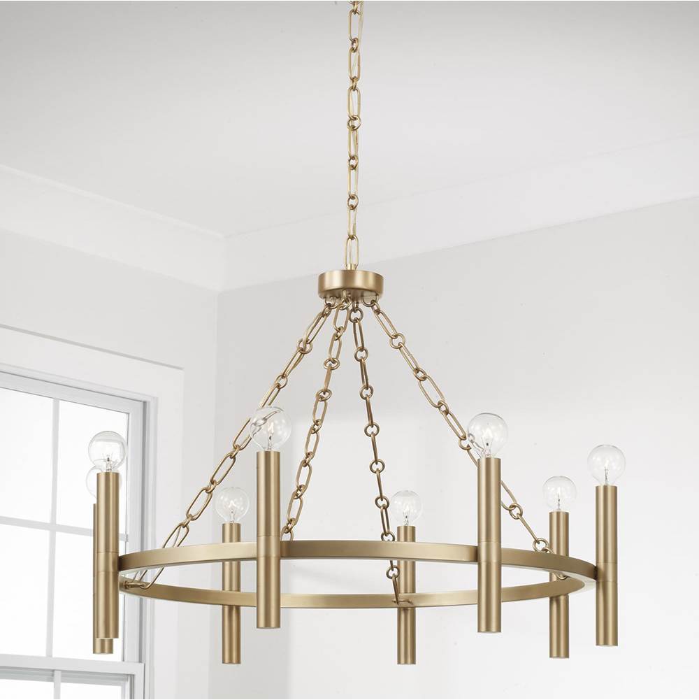 Capital Lighting Winton 28'' W X 21'' H 8-light Ring Chandelier In Matte Brass With Cylindrical Candlesticks And Specialty Decorative Designer Chain