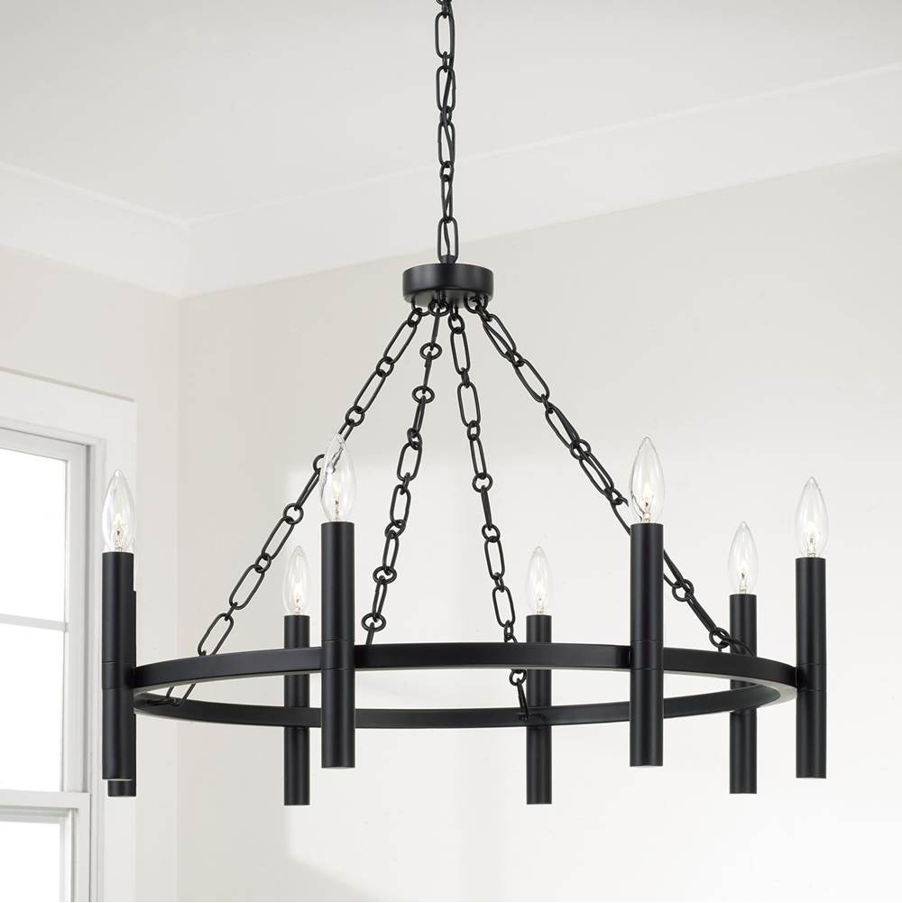 Capital Lighting Winton 28'' W X 21'' H 8-light Ring Chandelier In Matte Brass With Cylindrical Candlesticks And Specialty Decorative Designer Chain