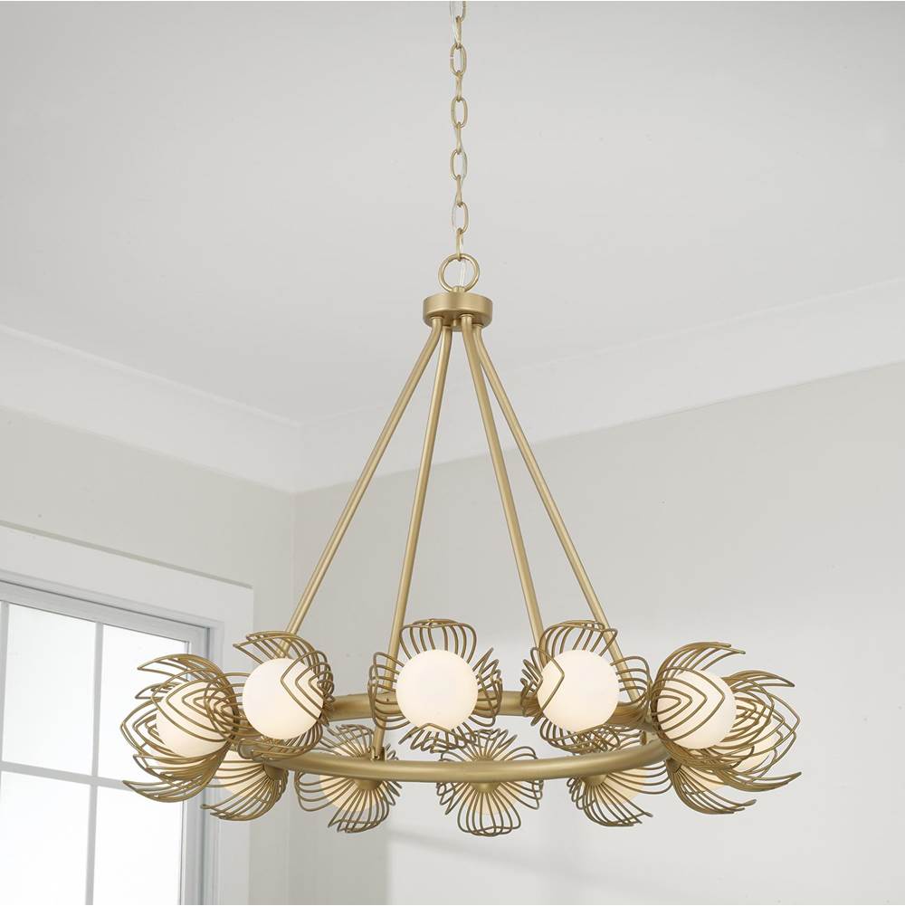 Capital Lighting Flora 29'' W X 25'' H 12-light Chandelier In Buffed Gold With Bent Wire Flower Petals And Soft White Glass Globes