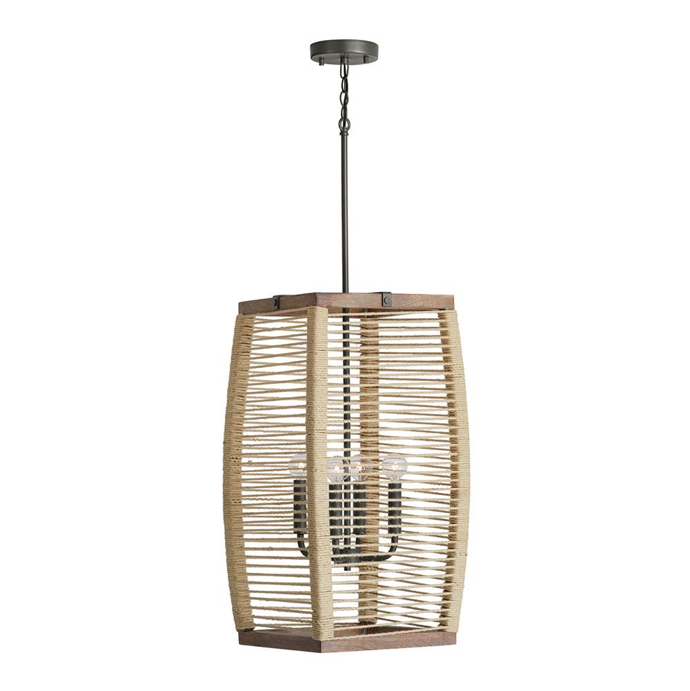Capital Lighting Jacob 14'' W X 26'' H 4-light Foyer Pendant In Grey Wash And Grey Iron With Intricately Hand-wrapped Natural Jute