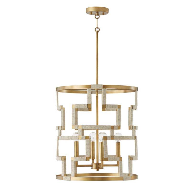 Capital Lighting Hala 18'' W X 20.5'' H 4-light Foyer In Bleached Natural Jute And Patinaed Brass - Greek Key Pattern Artisan Crafted