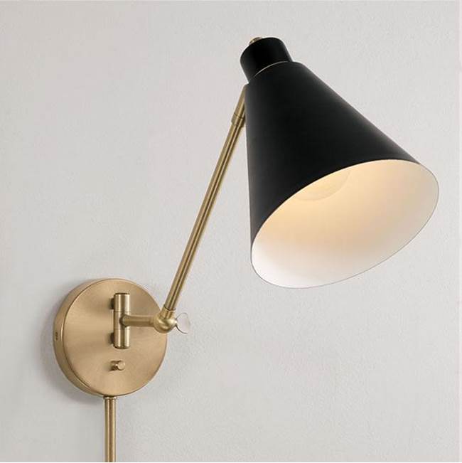 Capital Lighting Bradley 7''w X 26''h 1-light Sconce In Aged Brass And Black Metal Shade With White Interior